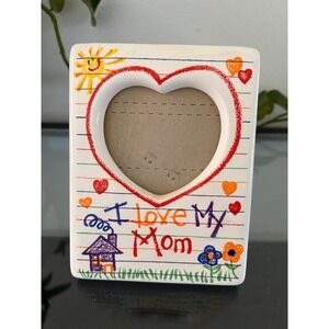 Vintage Papel I Love My Mom Ceramic Heart Picture Frame Crayon Drawing Mother